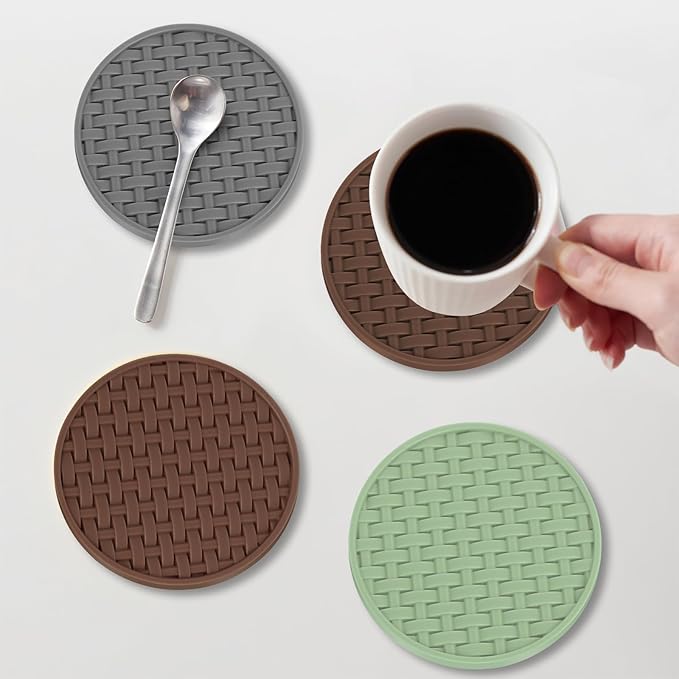 Brown Round Silicone Coasters with Holder, 4 Inch Non-Slip Heat-Resistant & Waterproof Cup Mats, Decorative Drink Coaster Set of 6 for Home, Office, Kitchen, Coffee Bar Table