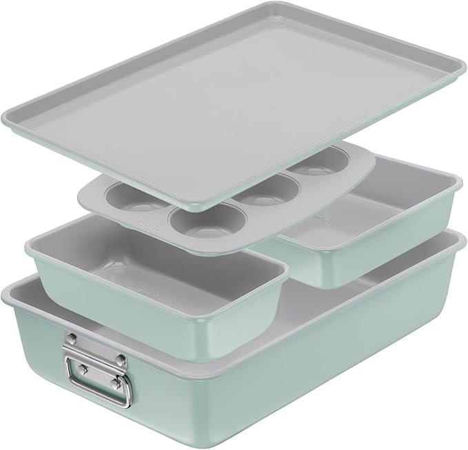 T-fal Refresh Ceramic Nonstick Baking Pans Set (5 Pieces), Roaster, 6-Cup for Muffins, Loaf, Square Baking Sheets Non Stick, Stackable Bakeware Sets, Mint Green