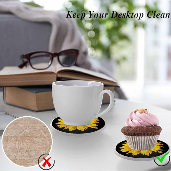 Yellow Sunflower Coasters Petal Bloom Plant Flower Dark Absorbent Drink Coaster Set of 2 Unique Beer Beverage Coasters for Coffee Table Cup Bar Coasters Cute Cork Ceramic Coasters
