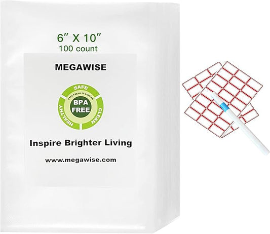 MEGAWISE Vacuum Sealer Bag Rolls Combo with Labels & Marker, 100 Count 6" x 10" Food-Grade Vacuum Bags for All Vacuum Sealers, BPA-Free for Meal Prep, Freezer Storage & Sous Vide Cooking