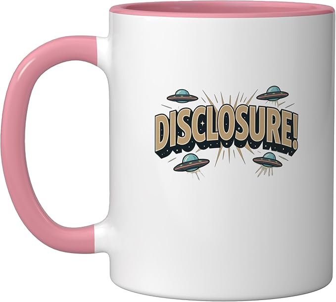 UFO DISCLOSURE Extraterrestrial ET's Aliens Spacecraft SciFi Ceramic Mug, Pink/White