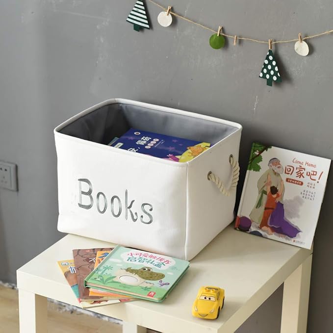 INough Book Basket for Kids Room, Book Storage Basket Book Organizer for Nursery Room Classroom Library Book Storage Box Collapsible Book Bins with Drawstring Closure for Cartoon Book Reading
