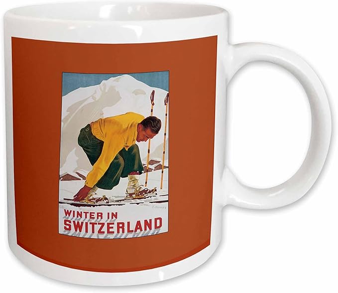 3dRose Winter in Switzerland Man Putting on his Skis Luggage Label 11oz Mug
