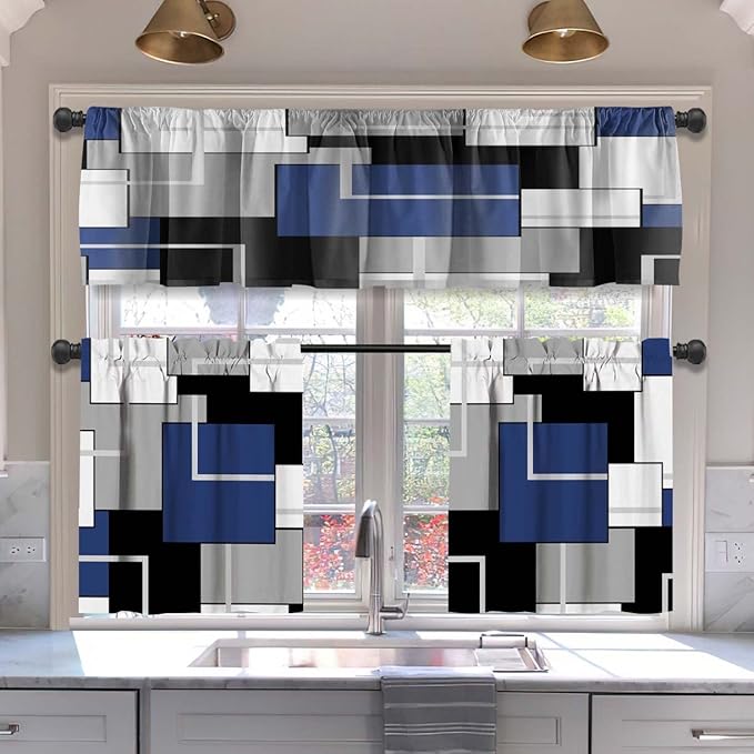 MCALK Navy Blue Blackout Kitchen Curtains Tiers and Valances for Windows, Geometric Modern Art Kitchen Window Curtains, Grey and Black Valances for Living Room (36" Tiers Set)