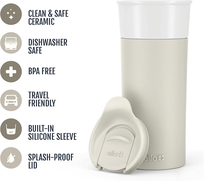Ello Ogden 16oz Ceramic Travel Mug with Splash-Resistant Slider Lid and Protective Silicone Sleeve, Perfect for Coffee or Tea, BPA-Free, Dishwasher Safe, Mineral