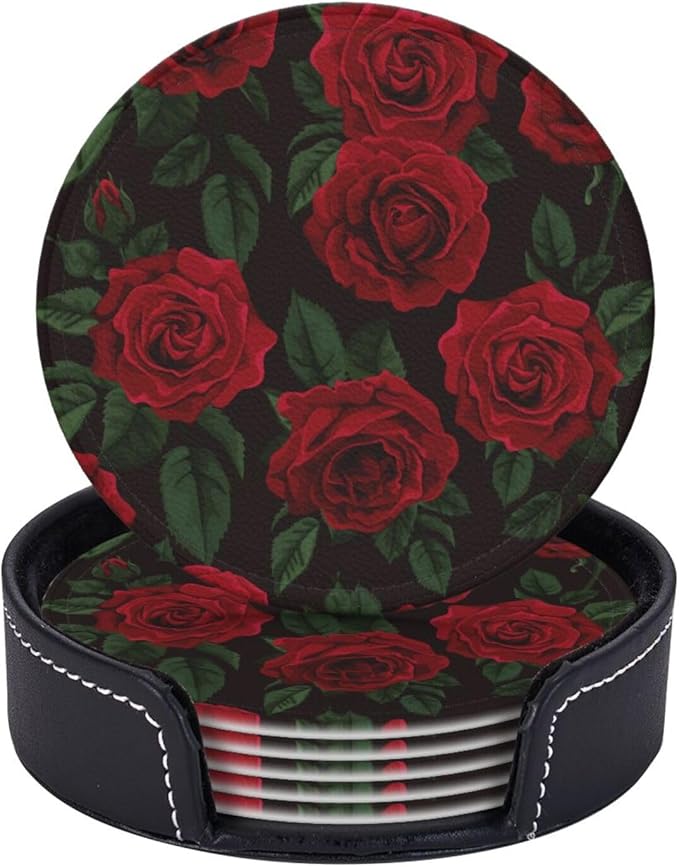 Red Roses Leather Drinks Coasters with Holder, Set of 6, Suitable for Various Cups
