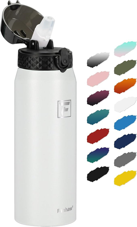 Fanhaw 24 oz Insulated Stainless Steel Water Bottle with Straw Lid, Leakproof & Anti-Dust Sports Bottle for Kids, Women & Men (White)