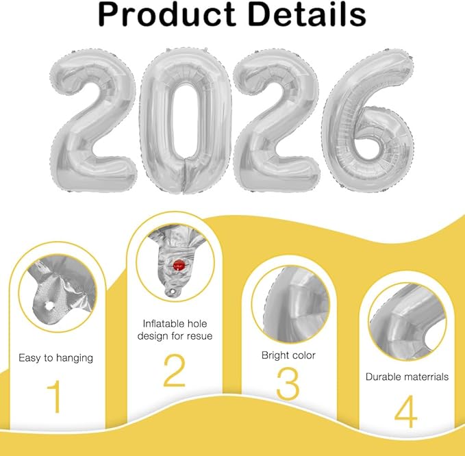 2026 Balloons, 2026 Number Balloons, 2026 Silver Balloon, Foil Happy New Year Balloon for New Year Eve Party Supplies 2026 Graduation Decorations Anniversary Birthday Home Office Decorations, 16 Inch