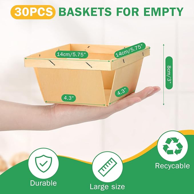 Geosar 30 Pcs One Quart Wooden Berry Baskets Bulk 5.75 Inch Square Vented Wood Boxes Empty Wooden Baskets Gifts, Picking Fruit, Arts, Crafts and Decor(Original Wood Color)