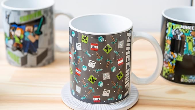 Zak Designs Minecraft Mug Unique Ceramic Coffee Cup Set, Can Coffee Mugs with Comfortable Handle for Gamer Gifts, Dishwasher and Microwave Safe (11.5 oz, 4-Piece Set)