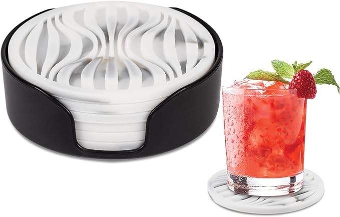 6 Pack Rubber Drink Coasters,Coasters for Drink with Holder,Silicone Cup Mat Non-Stick,Non-Slip,Thickened Live for Hot or Cold Drink(Black White)