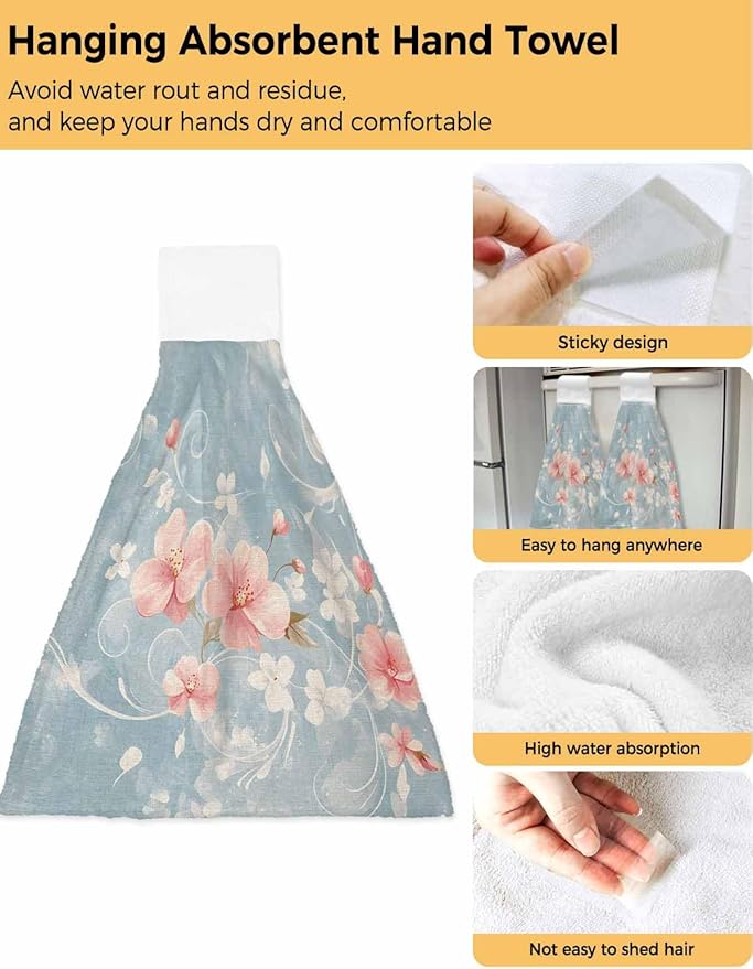 Alandar Home Kitchen Tie Towel Set of 2, Pink Flower Leaves on Blue Linen Absorbent Soft Hand Towels for Bathroom Hanging Towels, Retro Summer Botanical Fast Drying Cleaning Cloth with Loop