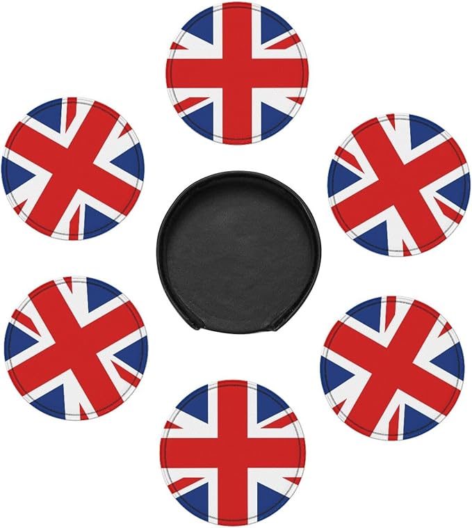 United Kingdom Flag Leather Drinks Coasters with Holder, Set of 6, Suitable for Various Cups