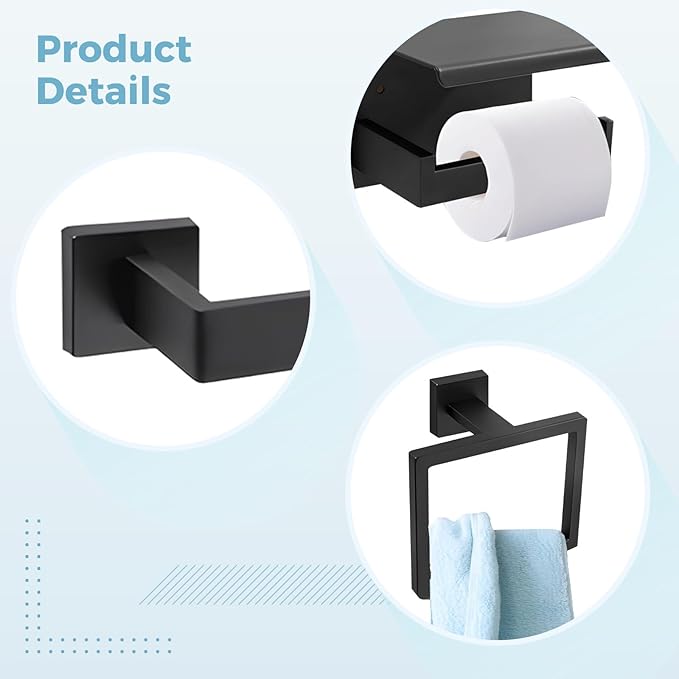 Bath Fixtures, Steel, 5-Piece, Includes Paper Holder, Bar, Ring, Hook, Black Matte Finish, Contemporary, Easy To Mount, Stainless Steel Storage
