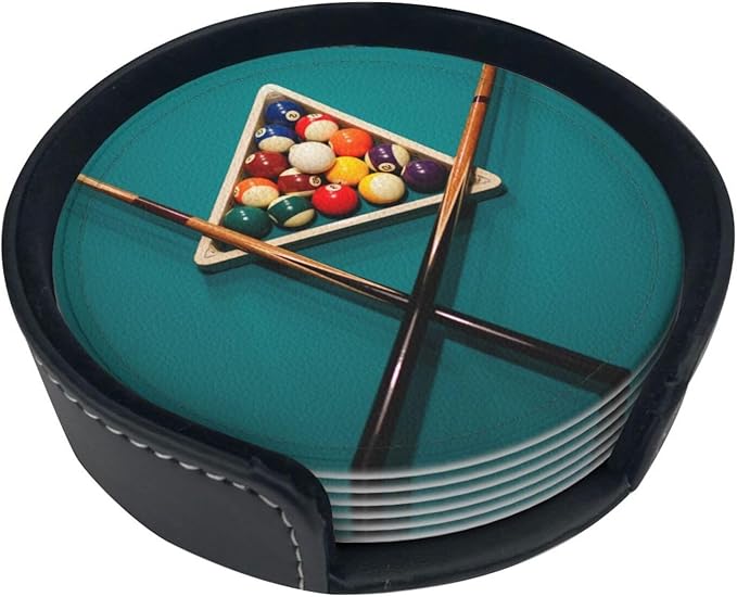 Billiards Leather Drinks Coasters with Holder, Set of 6, Suitable for Various Cups