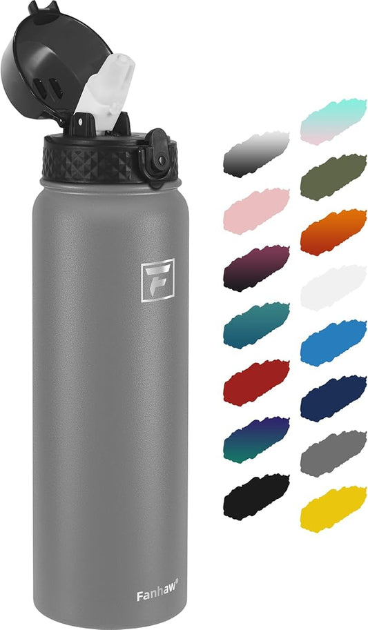 Fanhaw 32 oz Insulated Stainless Steel Water Bottle with Straw Lid, Leakproof Sports Bottle for Men, Women & Teens (Gray)