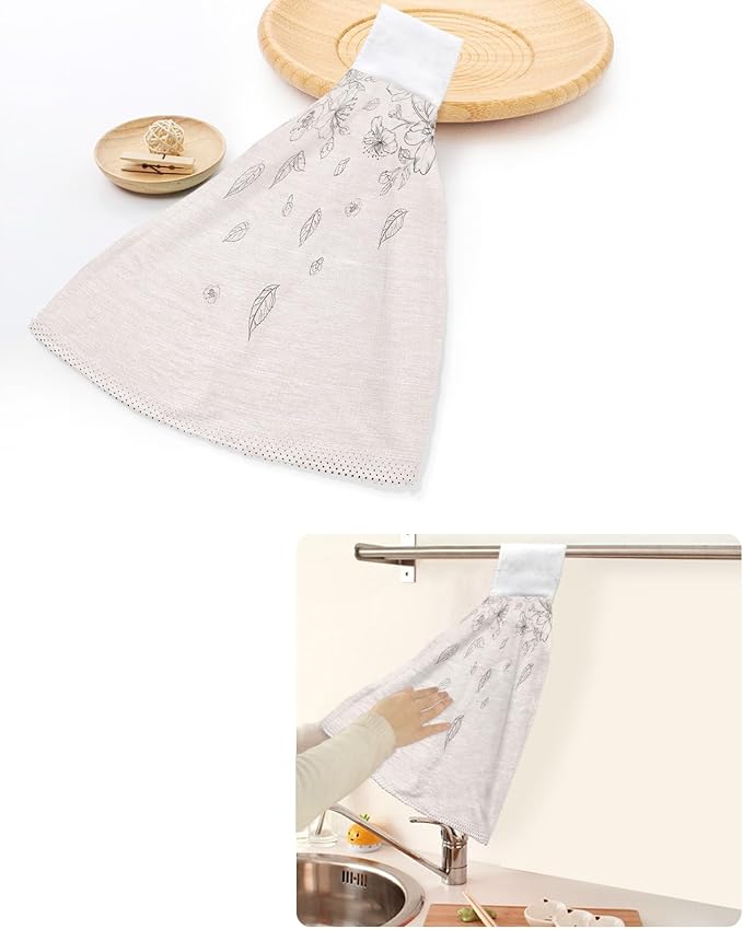 Alandar Home Kitchen Tie Towel Set of 2, Flower Sketch on Burlap Linen Absorbent Soft Hand Towels for Bathroom Hanging Towels, Blossoming Floral Falling Leaves Fast Drying Cleaning Cloth with Loop