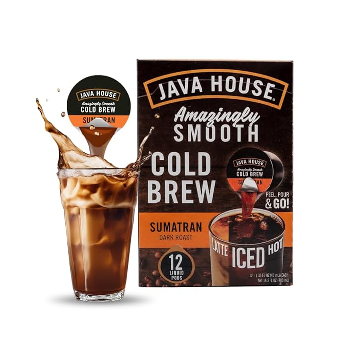 JAVA HOUSE Dark Roast Sumatran Cold Brew Capsules, 1.35 Fluid Ounces (12 Count) Peel and Pour, TSA Approved, Travel Friendly Cold Brew, Hot or Iced, Instant Coffee Concentrate
