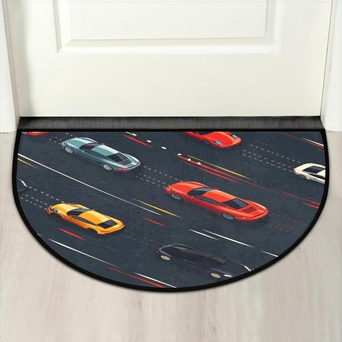 Modern Car Half-Round Door Mat | Indoor Entrance Half-Moon Rug | Low-Pile | Area Rug, Non-Slip, Absorbent Semi-Circle Welcome Mats for Kitchen, Patio, and Home Decor | 36x24 Inches