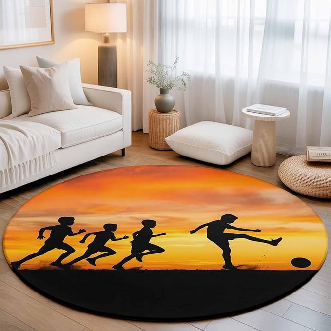 Washable Round Area Rug Football Sports Competition Circle Rugs Floor Carpet for Living Room Bedroom, Sunset Background Soft Non Slip Round Rug 5ft