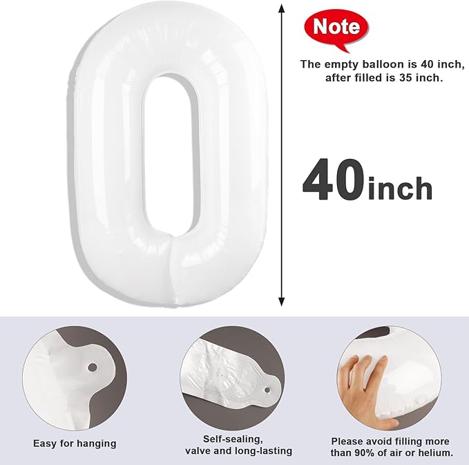 Number 0 Balloons 40 Inch White Number Balloons for 10 20 30 40 50 60 70 80 90 100 Numbers Balloon Birthday Decorations Wedding Event Baby Shower