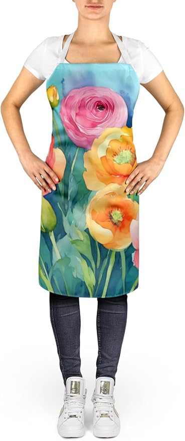 Caroline's Treasures Ranunculus in Watercolor Apron Cooking Kitchen Server Baking Crafts Gardening for Adult Women Men, Unisex, Large, Multicolor
