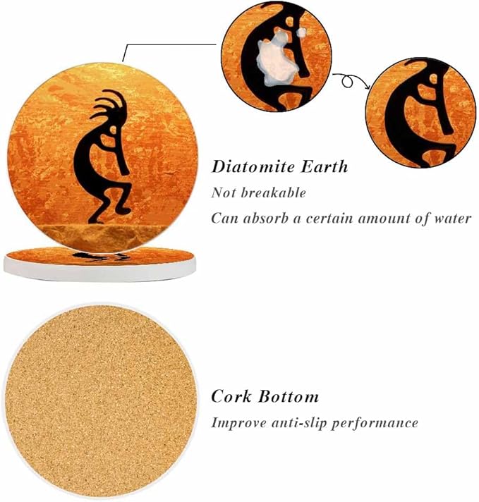 Kokopelli Coasters for Drinks Coasters for Table Ceramic Absorb Stone Coasters with Coffee Table Cork Base for Home Decor 2 Pcs