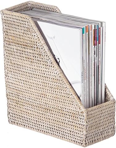 KOUBOO La Jolla Rattan Magazine File, Paper Holder, Desk Basket, Decorative Rack, Book Bin, Office Folder, Desk Organizer, White Wash