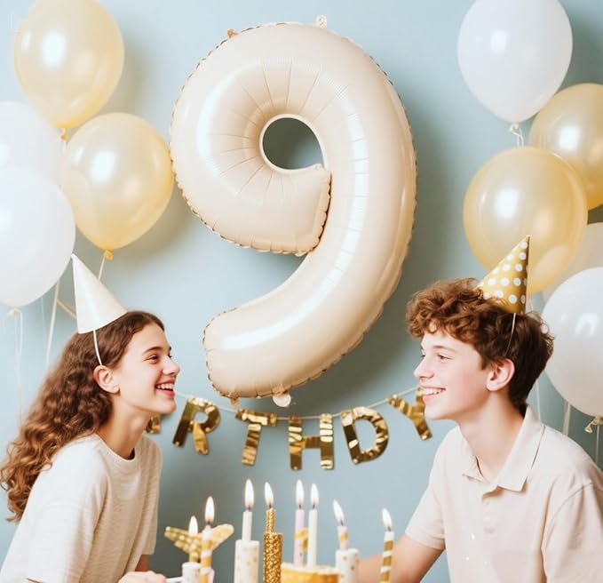 9Th Birthday Decorations 9 Number Balloons, Happy Birthday Decoration for 9th, Cream Balloon Numbers 40 Inch for Girls Boys Women Men Engagement, Bridal Shower Party