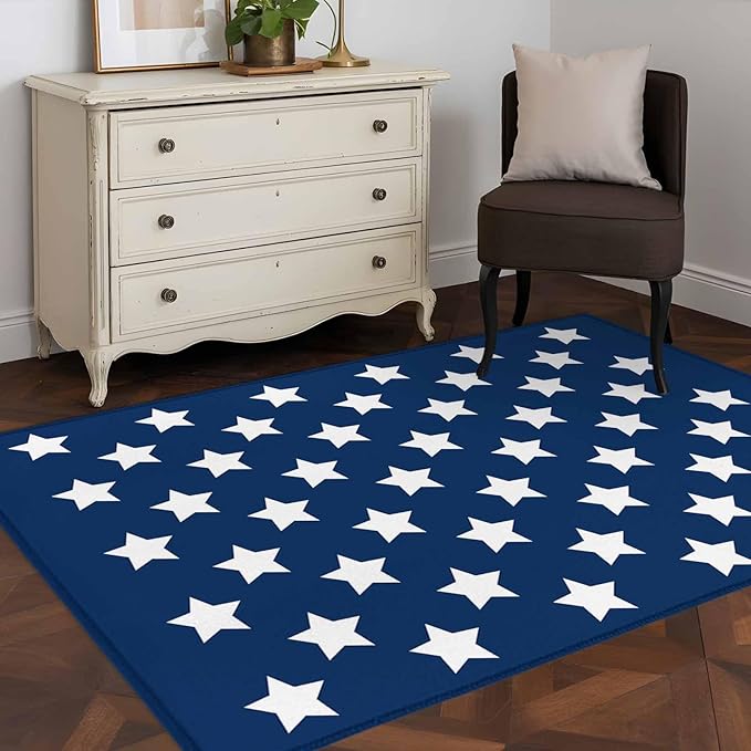 Area Rug 3x5ft, 4th of July White Star on Navy Blue Washable Rugs for Living Room Bedroom, Independence Freedom Liberty Soft Non-Slip Area Rugs Rectangle Floor Carpet for Dining Room