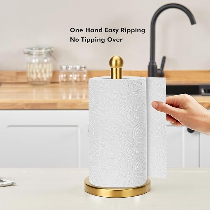 Paper Towel Holder Countertop, Brushed Gold Paper Towel Holder Stand Papertowel Holder with Stable Weighted Base, Free Standing Paper Towel Roll Holder for Kitchen Bathroom