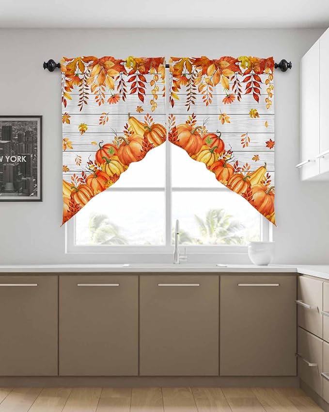 Prime Leader Orange Pumpkins Fallen Leaves Fall Swag Valance Curtains Autumn Thanksgiving Vintage Wood Grain Rod Pocket Kitchen Curtains, Scalloped Window Treatment Valances, 1 Pair, 28" W x 36" L