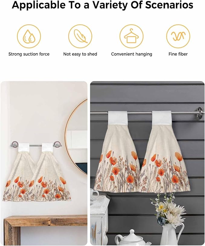 Alandar Home Kitchen Tie Towel Set of 1, Watercolor Garden Flower Plant Absorbent Soft Hand Towels for Bathroom Hanging Towels, Blossom Poppy Floral on Burlap Fast Drying Cleaning Cloth with Loop
