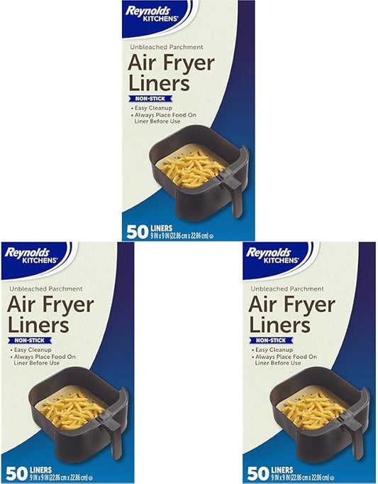 Reynolds Kitchens Air Fryer Liners Disposable, Unbleached Parchment Paper Sheets, 50 Count (Pack of 3)