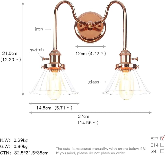 Wall Lamps with Switch, 2-Lights Rose Gold Bathroom Vanity Lights Wall Mounted Lighting Clear Glass Lampshade Wall Sconces(Color:A)