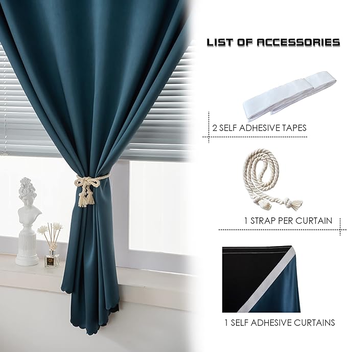 AJAZZ self Adhesive Portable 100% Blackout Curtains Simple and Easy to installBedroom Window Thermal Lnsulated Kitchen Room Darkening Black Small Drapes 1-Pack