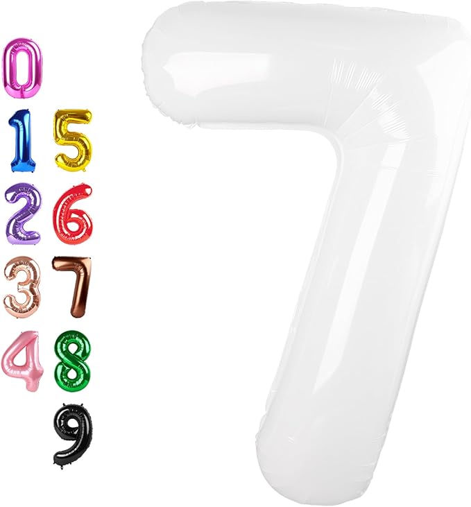 Numbers Balloon 7, 40 Inch 7 Balloons for Birthday Party, White Number Balloons for 7, 17, 27 Game Competition Wedding Anniversaries Party, Christmas and New Years Eve Party