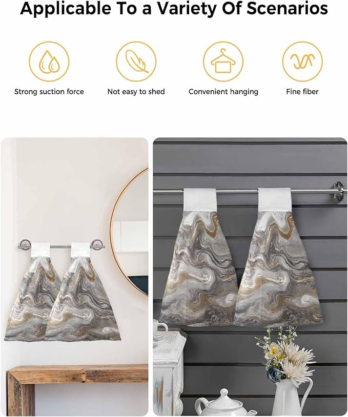Alandar Home Kitchen Tie Towel Set of 1, Abstract Black Grey Marble Texture Absorbent Soft Hand Towels for Bathroom Hanging Towels, Modern Fluid Art Fast Drying Cleaning Cloth with Loop