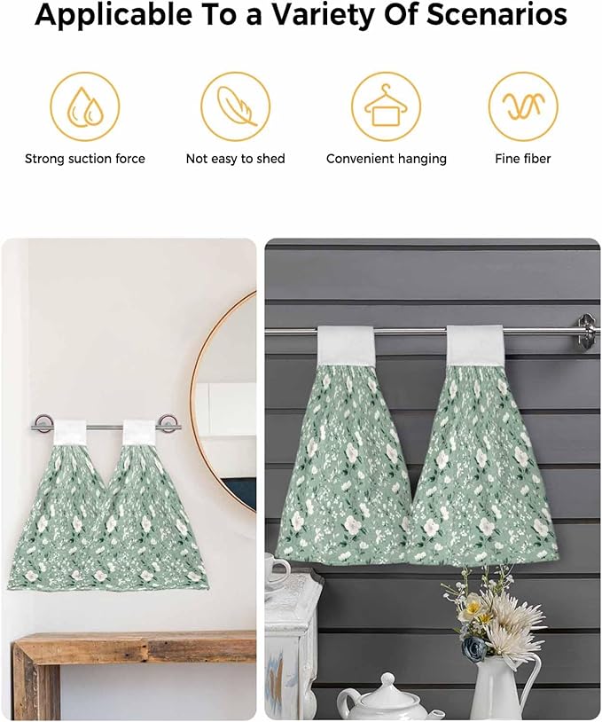 Alandar Home Kitchen Tie Towel Set of 1, Watercolor White Camellia Absorbent Soft Hand Towels for Bathroom Hanging Towels, Floral on Green Background Fast Drying Cleaning Cloth with Loop