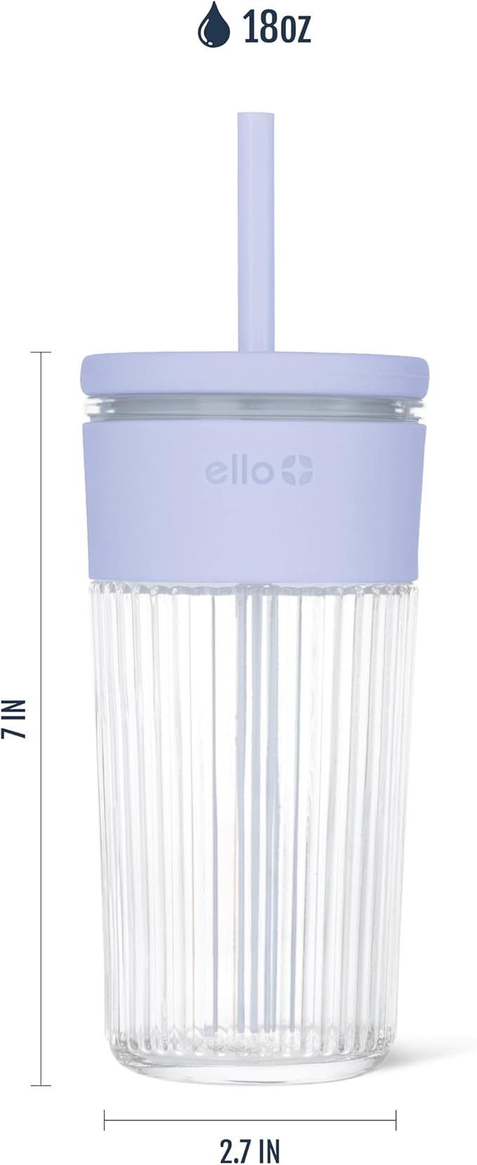 Ello Ava 18oz Glass Tumbler with Straw and Lid | Premium Ribbed Glass with Silicone Grip, Car Cup Friendly, Dishwasher Safe, BPA Free | Iced Coffee, Water, Matcha, Juice Cup | Blueberry