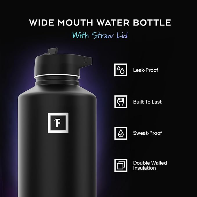 IRON °FLASK Camping & Hiking Hydration Flask with Straw, Wide Mouth Insulated Stainless Steel Sports Water Bottle - Bubble Gum 64 oz - Straw (1 Lid)