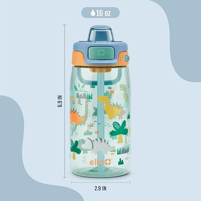 Ello Kids Pop & Fill 16oz Tritan Plastic Water Bottle with Quick Fill Technology, Leak Proof Locking Lid, Sip & Chug, BPA Free, Dishwasher Safe, For School, Lunchboxes, Dino