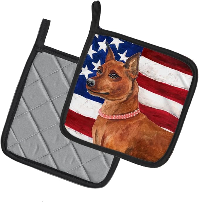 Caroline's Treasures BB9656PTHD Miniature Pinscher Patriotic Pair of Pot Holders Kitchen Heat Resistant Pot Holders Sets Oven Hot Pads for Cooking Baking BBQ, 7 1/2 x 7 1/2