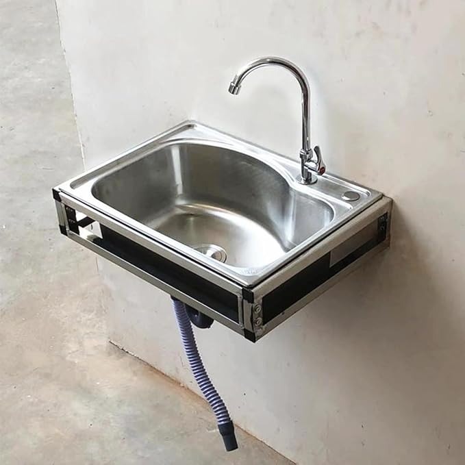Stainless Steel Wall Mounted Commercial Restaurant Sink, Utility Sink Single Bowl with Drainer Unit and Tap, for Public Places, Restaurants, Schools, Kitchen,58x43cm-Single Cold Water f