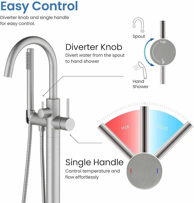 KIBI Circular Floor Mount Tub Filler with Hand Shower in Brushed Nickel | Solid Brass Single Handle Freestanding Bathtub Faucet with 360° Swivel Spout, Modern Bath Faucet for Tub and Shower (KTF301BN)