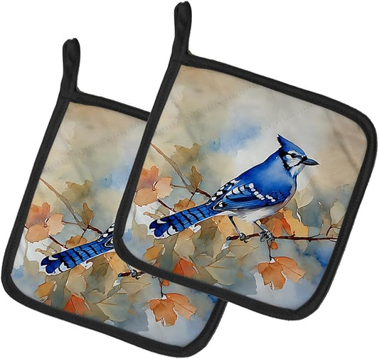 Caroline's Treasures Blue Jay Pair of Pot Holders Kitchen Heat Resistant Pot Holders Sets Oven Hot Pads for Cooking Baking BBQ, 7 1/2 x 7 1/2