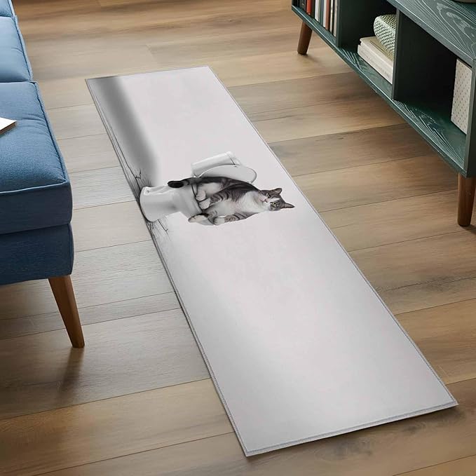 Runner Rug for Bedroom Hallway, Cute Funny Cat on The Toilet Kitchen Runner Rugs Area Rug 2x6ft, Animal Grey Art Washable Soft Floor Carpet for Entryway Stair