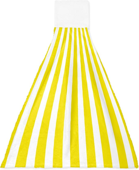 Alandar Home Kitchen Tie Towel Set of 1, Minimalist Modern Yellow White Stripe Absorbent Soft Hand Towels for Bathroom Hanging Towels, Simple Line Texture Fast Drying Cleaning Cloth with Loop