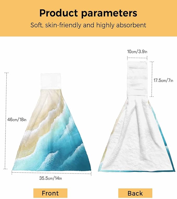 Alandar Home Kitchen Tie Towel Set of 2, Summer Blue Gradients Wave Absorbent Soft Hand Towels for Bathroom Hanging Towels, Sandy Beaches Fast Drying Cleaning Cloth with Loop