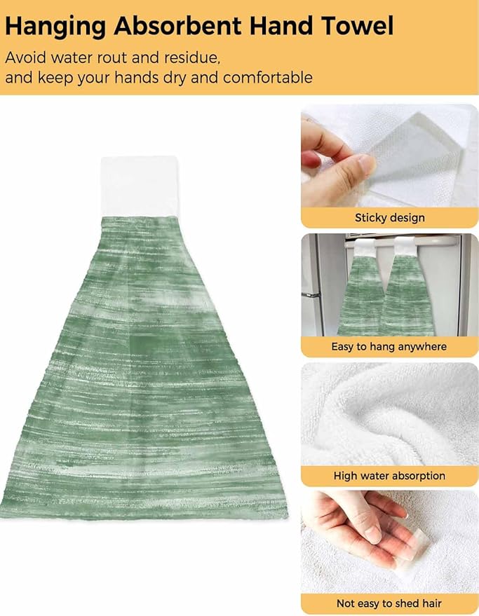 Alandar Home Kitchen Tie Towel Set of 2, Retro Sage Green Texture Absorbent Soft Hand Towels for Bathroom Hanging Towels, Modern Abstract Art Fast Drying Cleaning Cloth with Loop